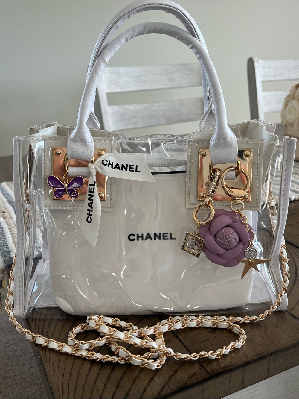 Custom Upcycled Chanel Beauté Clear Bag w Authentic Charms, Ribbon & Makeup Bag